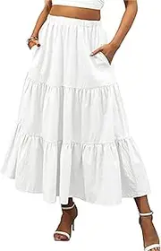 [Generic] Women’S Boho Elastic Waist Maxi Skirt Dress Pleated A-Line Flowy Swing Tiered Long Beach Skirt Dress with Pockets