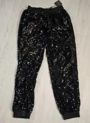 Jluxlabel Womens Medium Pants Sequined Comfort Joggers Compression Waist Black