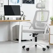 Oikiture Ergonomic Office Chair, Highly Breathable Home Office Chair with Removable Headrest, Retractable Armrest and Wide Tall Backrest, Computer Desk Chair for Office White