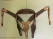 Western Brown Leather Set of Breast Collar and Headstall / Basket Tooling