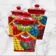 Talavera canister set of 3 multicolored flowers Red Rim X Large