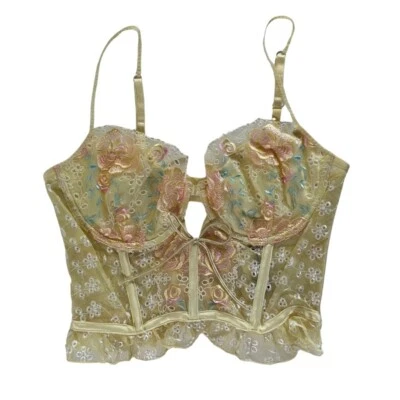 For Love & Lemons Vintage Eyelet Rose Bustier Medium Lace Yellow Pastel