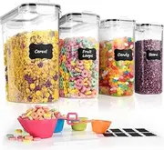 [Tiawudi] 4 Pk Cereal Containers Storage Set 135.2oz/4L Each, Airtight Food Storage Containers, Large Cereal Dispenser, Kitchen Pantry Organization Containers, with Labels and Measuring Spoons