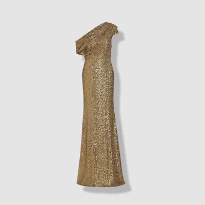 $890 Badgley Mischka Women's Gold Asymmetric Draped Sequin Gown Dress Size 10