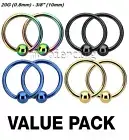 8pcs 20G 3/8" Value Pack Anodized Captive Bead Ring Ear Cartilage Septum Labret