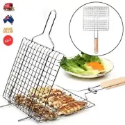 33X25x4CM BLACK BBQ Meat Basket/Fish Clamp Wire Grill Mesh wood Handle Rectangle
