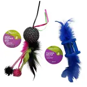 2 Vibrant Life HUNT CAT TOYS Multicolor Mesh Feather Ball & Blue Feather Rattle