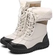 [AORUIDA] Womens Snow Boots Winter Fur Lined Warm Flat Non-Slip Waterproof Leather Lace Up Outdoor Mid Calf Boot