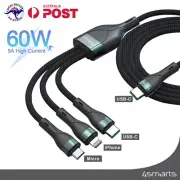 3 in 1 Multi Fast Charger Cable 60W USB C Data Cord For iPhone / Type C / Micro