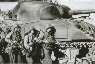 WW II Usa Photo -- Soldiers advance Beside Sherman Tank