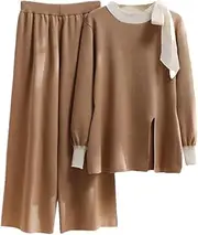 [Generic] Winter Women Knitted Suit Casual 2 Piece Pants Top Matching Set Slit Knitted Pullover And Pant Two Piece Set For Women