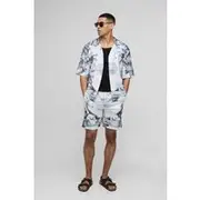 Mens Grey Oversized Half Sleeve Palm Tree Printed Satin Shirt & Short Set