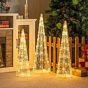 Costway Set of 3 Pre-lit Christmas Cone Trees, Xmas Decorative Conic Tree Set with Star Strings, 90 Warm White LED Lights, Indoor & Outdoor Lighted Decorations for Lawn Yard Garden Party