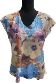 Elie Tahari Floral Sequin Multicolor Pullover Blouse Top V-Neck Short Sleeve S