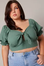 Green Crop Top Short Sleeve Tie Front