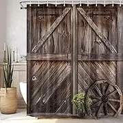 Rustic Barn Door Shower Curtains, Western Vintage Farmhouse Wood Board Retro Decor Curtain Sets for Bathroom Decor, Brown Wooden Countryside Bath Curtain with Hooks 70X72 in