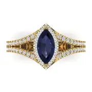 1.2ct Marquise split Halo Blue Sapphire Promise Engagement Ring 14k Yellow Gold