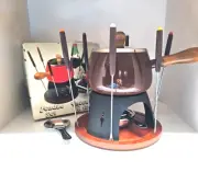 Vintage 2 qt Brown Enamel Fondue Set Pot Wood Underplate Stand Burner 6 Forks