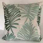 CUSHION COVER TEXTURED PALM LEAVES AQUA & TEAL A LIGHT GREY BACKGROUND 45CM NEW