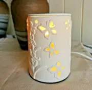 White Ceramic Butterfly & flower Electric Oil Burner Lamp FREE wax & globe
