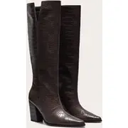 Chocolate Croc PU Point Toe Block Heeled Knee High Boots, Chocolate