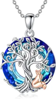 Tree of Life Fox Necklace Sterling Silver Crystal Fox Pendant Necklace Jewelry G