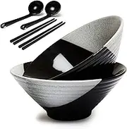 Superly Ceramic Ramen Bowl Set - Japanese Noodle Bowl with Chopsticks and Spoon - Large 60 Oz Bowls - Cute Asian Bowls for Udon, Vietnamese Pho - Soup Bowl with Unglazed Bottom and Screw Thread Design