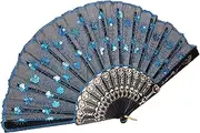 PLAFOPE Elegant Embroidered Peacock Hand Fan Retro Folding Fan with Sequins Handheld Fan for Dance Travel Festivals Charming Vintage Design