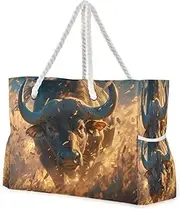 Amooorous Brown and Black Fierce Bull Sandproof mens tote bags for travel with zipper carry on tote bags for women for Travel Gym Vacation, Brown and Black Fierce Bull, 1 size