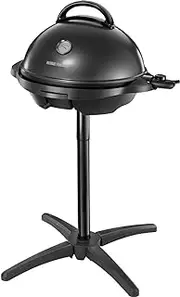 [George Foreman] Indoor Outdoor BBQ Electric Grill [1500cm2 cooking surface, Variable temperature control & viewing gauge, Use with or without stand, Easy clean removable plate, Drip tray] Black 22460