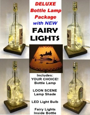 YOUR CHOICE Liquor Bar Bottle Table LAMP w/ LOON Shade FAIRY LIGHTS & LED Bulb