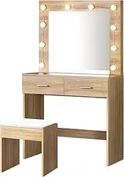 OIKITURE Vanity Table with 10 Light Bulbs Mirror - Makeup Dressing Table Adjustable 3 Colours & 10 Brightness, with Drawers Cushioned Stool, for Bedroom Studio, Wooden Colour