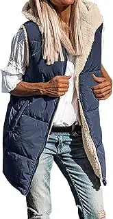 JMMSlmax Women's 2023 Autumn Reversible Vests Sleeveless Fleece Jacket Long Warm Winter Coat Outerwear Zip Hoodie Pockets, A1-Navy, Small, A1-navy, Small