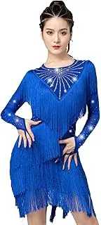 [JRUIA] Women's Fringe Latin Dance Performance Dress Cha Cha Skirt with Rhinestones Ballroom Dresses Costume for Rumba Samba