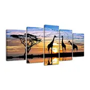 5 Piece Modern Stretched African Landscape Canvas Prints Animals Sunset