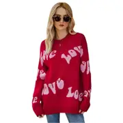 Women Round Neck Knitted Sweater Letters Jacquard Pullover Sweater Size M Red Coats Jackets & Vests