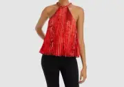 $330 Alice + Olivia Women Red Floral Pleated Halter Chain Neck Blouse Top Size M