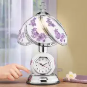 Purple Rose Glass Panels w Analog Clock 3-Way Touch Lamp Silver Base Home Decor
