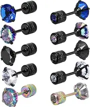 [Firtink] 5 Pairs Titanium Earrings Women Men Stud Screw Back Surgical Stainless Steel Sleeper Rainbow 5A Cubic Zirconia Studs Double Side Earrings, Black,Gold,Rainbow,Silver, Stainless Steel, as-shown