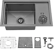 Doirteal 25 Inch Undermount Black Kitchen Bar Sink With Glass Rinser, 25x15x9 Inch 16 Gauge Gunmetal Black Stainless Steel Workstation Bar Sink With Cup Washer BL37S-3