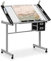 Athena Collection 41" Drafting Table Adjustable Angle Drawing Table Tempered Glass Art Desk Metal Frame Craft Desk for Artist with Fabric Drawers, Rolling Casters and Trays, Light Grey