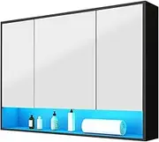 Luxsuite Bathroom Mirror Cabinet Medicine Shaving Shaver Cupboard Wall Storage Organiser Shelves Furniture with LED Lights Doors Black