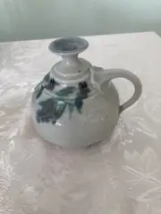 Studio Art Pottery Bud Vase Blue And Gray Glaze With Handle And Signed