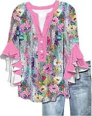 [Generic] Summer Tops for Women Trendy V Neck Flounce Sleeve Casual Fashion Blouse Lightweight Breathable Daily Wear Stylish Tops