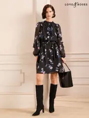 Love & Roses Black Floral Petite Ruffle Belted Mini Dress (AL3990) | $136