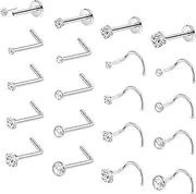 [FIRSAUKI] 20Pcs 20G Corkscrew Nose Ring for Women L Shaped Screw Nose Stud Surgical Steel Nostril Piercing Jewelry Clear Diamond CZ Silver