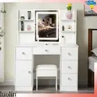 Dressing Table Stool Set Makeup LED Lighted Mirror Vanity Desk Cabinet White