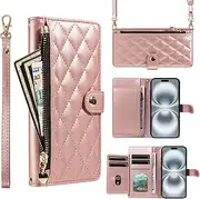 [HAOFUGUI] for Samsung Galaxy A70 / A70S Wallet Case, with [Card Holder] [Kickstand] [Zipper] [Crossbody Strap], Women Magnetic Button Flip Case Cover-Rosegold