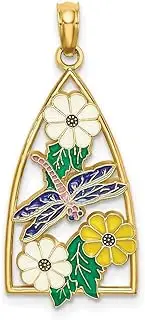 [JewelryWeb] 14ct Gold Dragonfly and Flowers In Triangle With Enamel Charm Pendant Necklace 29.6x13.7mm Wide