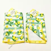 2 PIECE Kitchen Towels Citrus Fruit YELLOW LEMONS Green Stripes 100% Microfiber